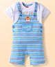 Babyhug Single Jersey Knit Half Sleeves T-Shirt & Dungaree with Text Print & Stripes - White & Light Blue