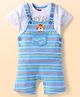 Babyhug Single Jersey Knit Half Sleeves T-Shirt & Dungaree with Text Print & Stripes - White & Light Blue