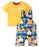 Babyhug Single Jersey Knit Half Sleeves T-Shirt & Dungaree with Beach Theme &  Lets Vacay Text Print - Yellow & Navy Blue