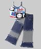 OLLINGTON ST. Cotton Sleeveless Text Printed Top & Denim Color Blocked Pants Set -  Multicolor & Indigo