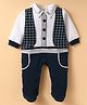Kookie Kids 100% Cotton Knit Full Sleeves Footed Party Romper With Attached Waistcoat - White & Navy Blue