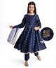 Pine Kids Woven Three Fourth Sleeves Kurta Chudidar Set with Embroidery & Lace Detailing - Navy Blue
