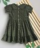 Bella Moda Cotton Half Puffed Sleeves Schiffli Embroidered Shirt Style Dress - Dark Green