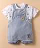 ToffyHouse Cotton Knit Striped Dungaree & Half Sleeves T-Shirt with Nautical Theme Print - White & Light Blue