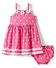 Babyhug Cotton Woven Sleeveless Polka Dot Printed Frock With Floral Applique & Bloomer - Dark Pink