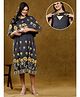 True Shape Half Cape Sleeves Floral Printed Lace Embellished Maternity Dress With Nursing Access - Grey