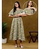 Dummy Shape Half Bell Sleeves Floral Printed Maternity Kurta With Nursing Access - Olive Green
