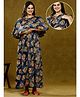 Dummy Shape Cotton Rayon Half Cape Sleeves Floral Printed Maternity Dress With Zipper Nursing Access - Navy Blue