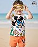 Babyhug Disney Single Jersey Knit Half Sleeves T-Shirt & Shorts Set With Mickey Mouse & Family Graphics - White & Orange