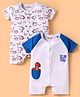 Kookie Kids 100% Cotton Knit Half Raglan Sleeves Front Open Rompers with Dino Print & Patch Detailing Pack of 2 - White & Blue