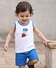 Kookie Kids Interlock Knit Sleeveless Tank T-Shirt & Shorts Set With Car Embroidery - White & Blue