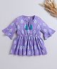 The Magic Wand Cotton Three Fourth Bell Sleeves Ikat Printed Gathered Top With Tassels - Purple