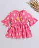 The Magic Wand Cotton Three Fourth Bell Sleeves Ikat Printed Gathered Top With Tassels - Pink