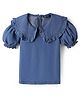 Pine Kids Cotton Woven Half Puffed Sleeves Solid Color Top with Frill Detailing - Navy Blue