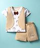 Kookie Kids 100% Cotton Knit Half Sleeves T-Shirt & Shorts Set with Rainbow Print & Bow Applique - White & Khaki