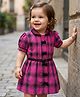 Babyoye Cotton Woven Half Sleeves Frock & Belt with Checks - Dark Pink