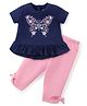 Babyhug Single Jersey Knit Half Sleeves Top & Leggings Set with Floral Embroidery - Navy Blue & Pink