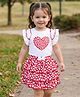 Babyhug Single Jersey Knit Frill Sleeves Top & Skirt Set With Heart Print - White & Red