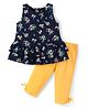 Babyhug Single Jersey Knit Sleeveless Top & Legging Set With Floral Print & Bow Applique - Navy Blue & Yellow
