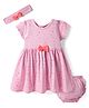 Babyhug Single Jersey Knit Half Sleeves Stars Printed Frock with Bloomer Headband & Bow Applique - Pink