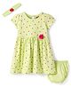 Babyhug Single Jersey Knit Half Sleeves Polka Dot Printed Frock With Floral Applique Bloomer & Headband - Light Green