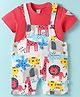 WOW Clothes Interlock Knit Dungaree & Half Sleeves T-Shirt With Animal Print - Red