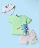 WOW Clothes Sinker Knit Half Sleeves T-Shirt & Shorts Set With Dino Print & Cap - Light Green