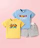 WOW Clothes Sinker Knit Half Sleeves T-Shirts & Shorts Set With Animal Applique - Light Blue & Yellow