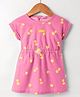 WOW Clothes Sinker Knit Half Sleeves Lemon Printed Frock with Floral Applique - Pink