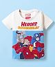 Babyhug Marvel Single Jersey Knit Half Sleeves Cut & Sew T-Shirt with Avengers Graphics - White & Light Blue