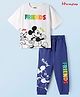 Pine Kids Disney Terry Knit Half Drop Shoulder Sleeves Oversized T-Shirt & Lounge Pant Set With Mickey Mouse Graphics - White & Blue