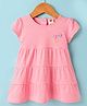 Zero Sinker Knit Half Sleeves Striped Frock With Floral Embroidery - Pink