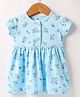 Zero Sinker Knit Half Sleeves Frock With Floral Print - Aqua Blue