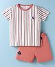 First Smile Sinker Knit Half Sleeves Striped T-Shirt & Shorts Set with Nautical Badge Print - White & Dark Peach