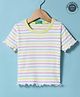 UCB Cotton Elastane Knit Half Sleeves Top With Stripes & Frill Detailing - White