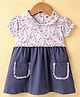 Zero Sinker Knit Half Sleeves Frock With Floral Print & Peter Pan Collar - Navy Blue & White