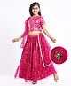 Pine Kids Woven Half Sleeves Lehenga Choli Set with Dupatta & Floral Design Embroidery & Lace Detailing -Dark Pink