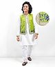 Pine Kids Woven Full Sleeves Solid Color Kurta Pyjama Set with Floral Embroidered Jacket - White & Green
