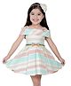CAVIO Cotton Cold Shoulder Half Sleeves Striped Floral & Bow Applique Detailed Dress - Peach