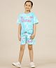 Kidsville Cotton Mattel Featuring Half Sleeves Barbie Text Glitter Printed Tie Dye Top & Shorts Set - Blue & White