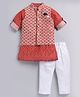 LITTLE COLLARS Cotton Blend Full Sleeves Ikat Printed Kurta Pyjama With Thread Work Detailed Nehru Jacket Set - Red