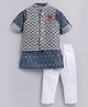 LITTLE COLLARS Cotton Blend Full Sleeves Ikat Printed Kurta Pyjama With Thread Work Detailed Nehru Jacket Set - Blue