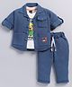 LITTLE COLLARS Blended Full Sleeves Textured Shirt & Pant With Cartoon Printed Tee - Blue