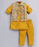 LITTLE COLLARS Cotton Blend Full Sleeves Solid Kurta Pyjama With Chevron Foil Printed Nehru Jacket Set - Mustard