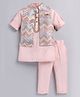 LITTLE COLLARS Cotton Blend Full Sleeves Solid Kurta Pyjama With Chevron Foil Printed Nehru Jacket Set - Pink