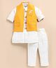 LITTLE COLLARS Cotton Silk Full Sleeves Solid Kurta Pyjama With Floral Designed Nehru Jacket Set - Mustard