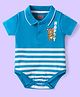 Babyhug 100% Cotton Knit Half Sleeves Collared Onesie with Bear Print & Stripes - Blue
