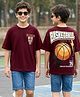 Kookie Kids Single Jersey Knit Half Drop Shoulder Sleeves T-Shirt with Front & Back Sports Theme Print - Burgundy