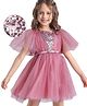 Hola Bonita Half Sleeves Party Wear Frock with V -Shaped Sequin Yoke and Glitter Mesh & Flare Sleeves -Pink