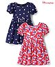 Honeyhap Premium Cotton Knit Half Puffed Sleeves Floral & Hearts Printed Bio Finish Frocks with Bow Applique Pack of 2 - Navy Peony & High Risk Red
